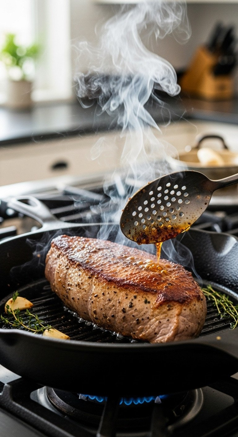 Pork Tenderloin Searing In Hot Cast Iron Skillet, Forming Golden-Brown Crust With Steam. Cooking Meat.