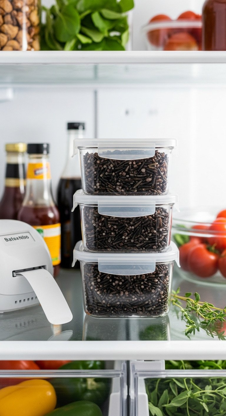 Portioned Containers Of Cooked Wild Rice Stacked Neatly In A Bright, Clean Refrigerator For Healthy Weekly Meal Prepping.
