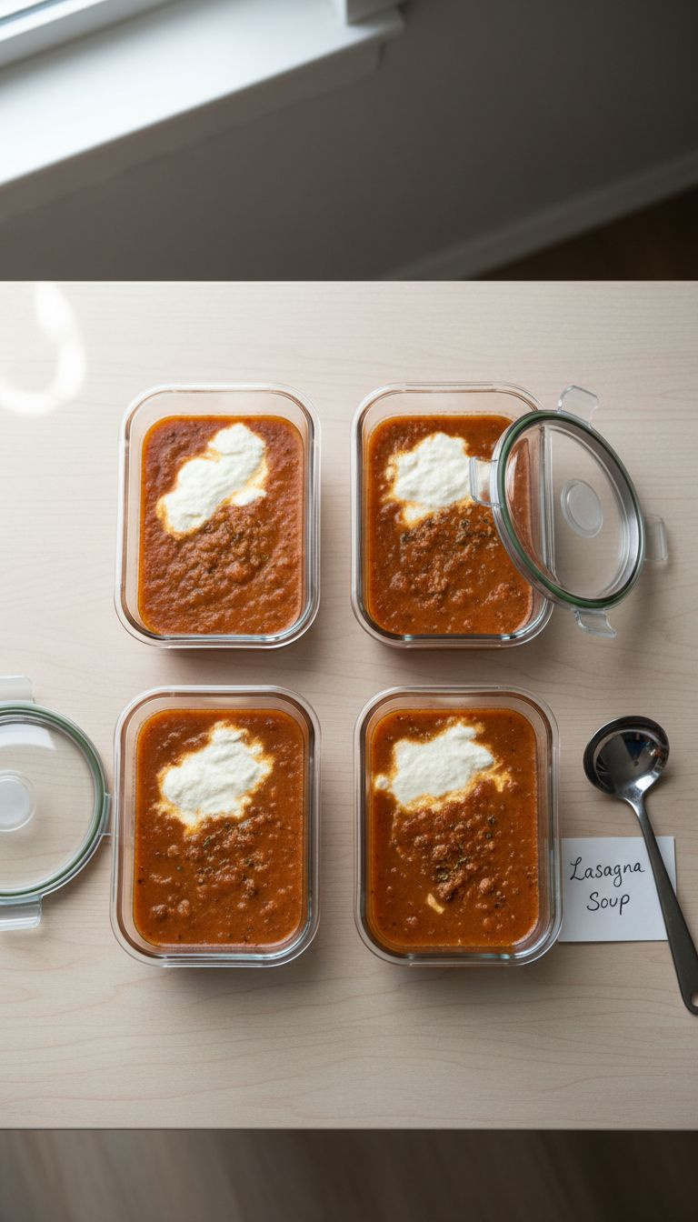 Portioned Lasagna Soup Base In Glass Meal Prep Containers On A Wooden Table, Ready For Freezer Or Fridge.