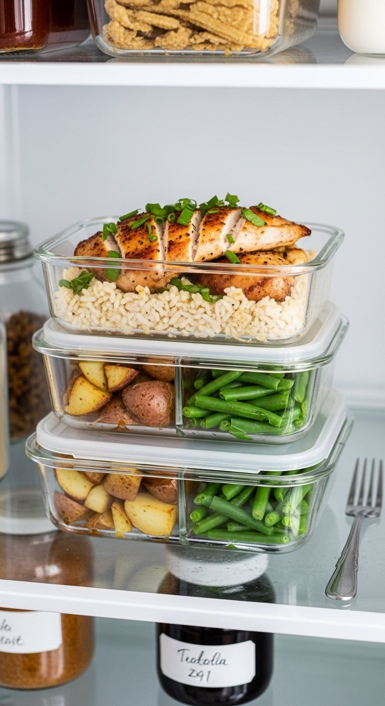 Portioned Parmesan Chicken And Vegetables Packed In Clear Glass Meal Prep Containers.