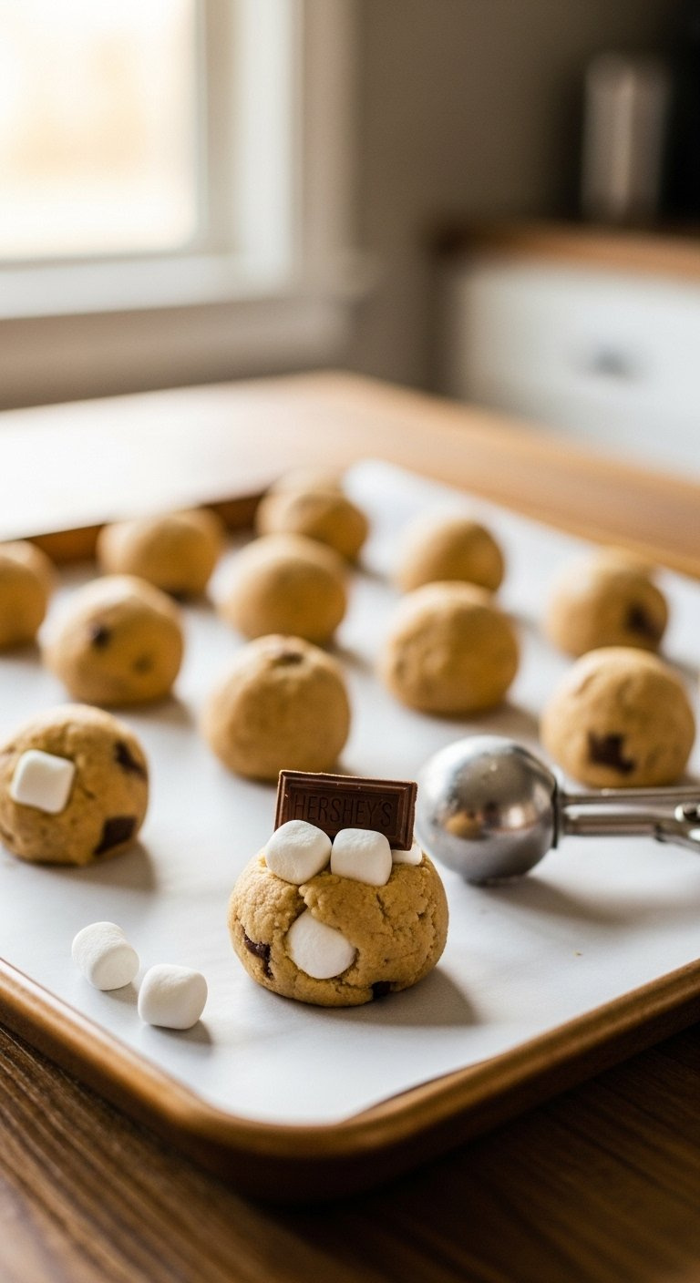 Portioned S'mores Cookie Dough Balls Topped With Marshmallows And Chocolate On A Parchment-Lined Baking Sheet.