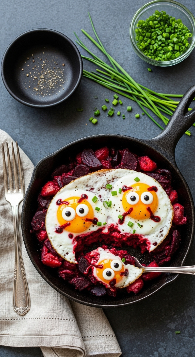 Potato Beet Hash With Sunny Side Up Eyeball Eggs In A Cast Iron Skillet For Halloween Brunch