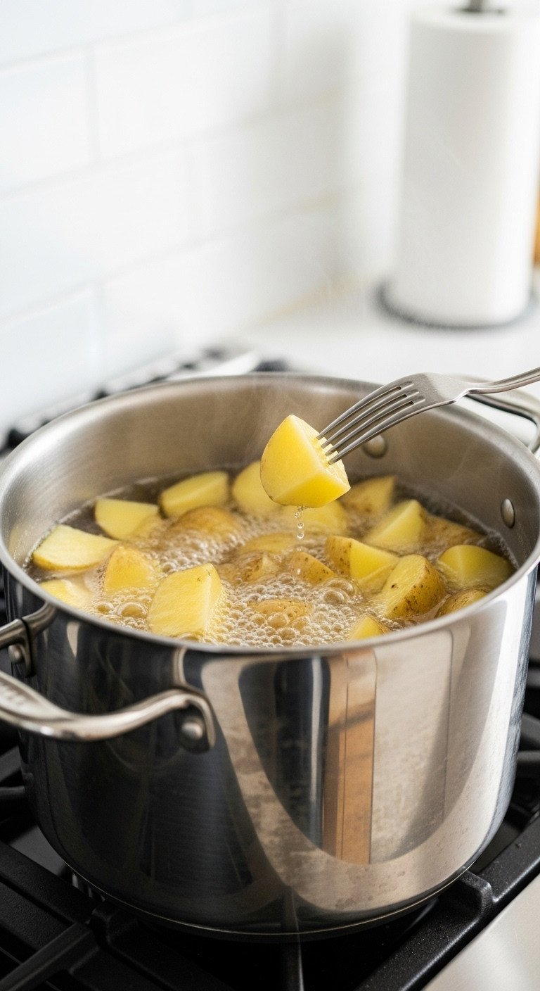 Potato Chunks Simmering In A Stainless Steel Stockpot On A Stove, A Fork Testing Doneness, Steam Rising.