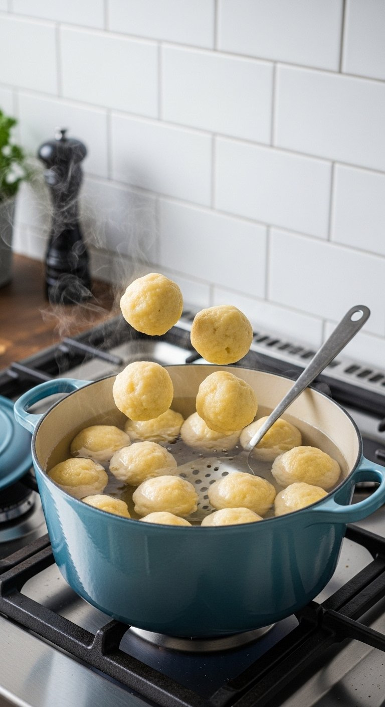 Potato Dumplings Simmering Gently In A Large Enamel Dutch Oven Pot On A Modern Stovetop.