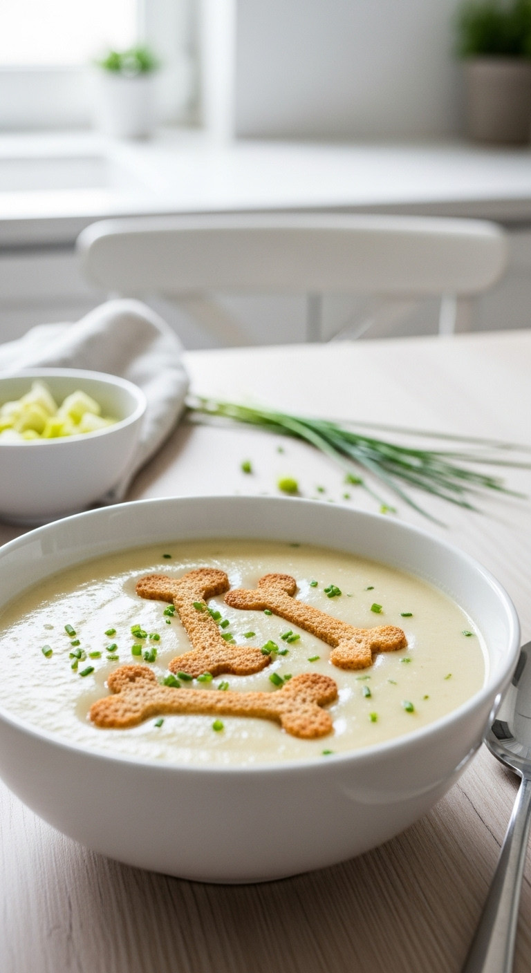 Potato Leek Soup With Bone-Shaped Croutons, Chives, Spoon In White Bowl On Wooden Table. Spooky Halloween.