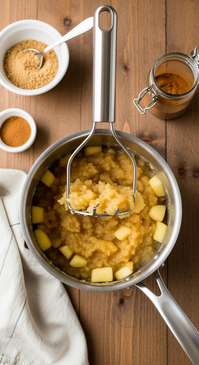 Potato Masher Creating Chunky Applesauce In A Pot On A Rustic Wooden Table. Brown Sugar And Cinnamon.