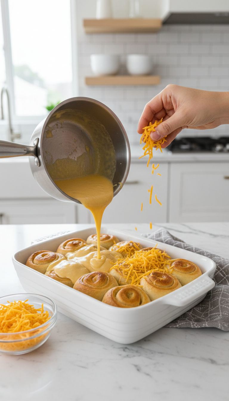 Pouring Creamy Cheese Sauce Over Chicken Crescents Topped With Shredded Cheddar In Baking Dish.