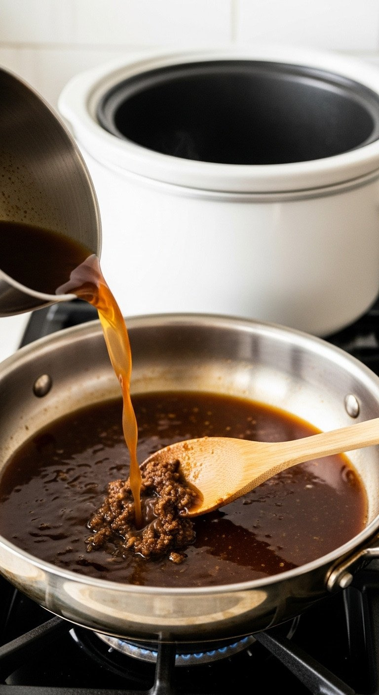 Pouring Dark Beef Broth Into A Stainless Steel Skillet, Deglazing And Scraping Rich Fond With A Wooden Spoon.