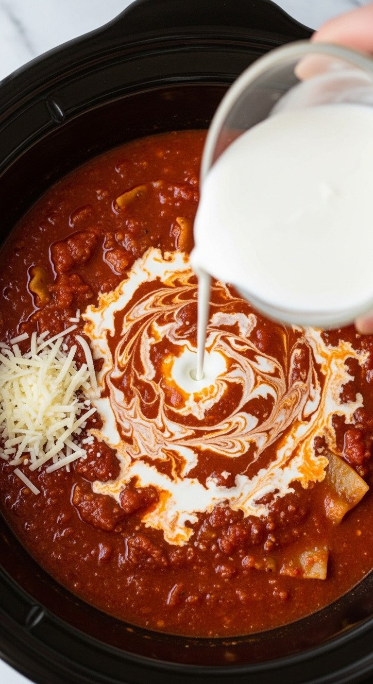 Pouring Heavy Cream Into Rich Red Lasagna Soup In A Crockpot, Creating A Silky Swirl; Parmesan Cheese Nearby.