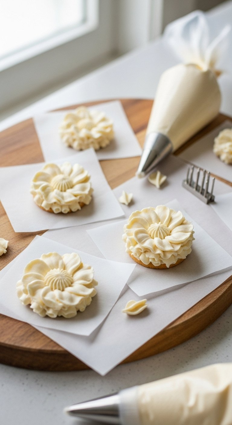 Practice Buttercream Flower Petals Piped On Parchment Squares Arranged On A Wooden Cutting Board.