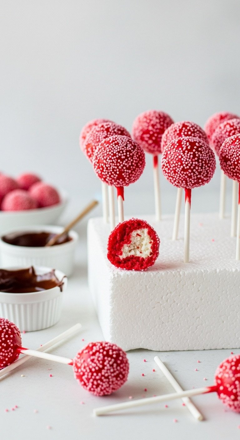 Pre-Chilled Red Velvet Cake Pops With Lollipop Sticks Inserted Into A White Foam Block, Ready For Dipping In Chocolate.