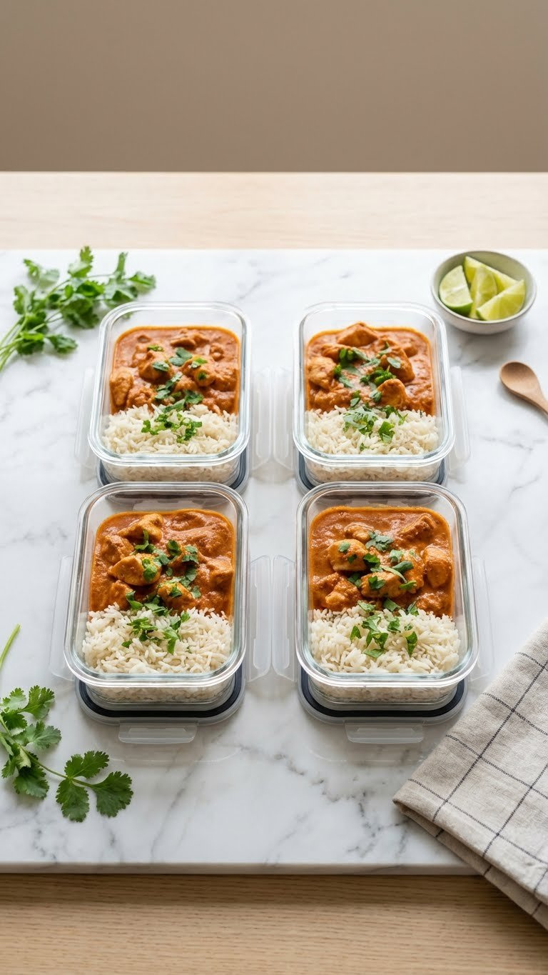 Pre-Portioned Instant Pot Butter Chicken In Clear Glass Meal Prep Containers With Cilantro On A Marble Counter, Ready For Storage.