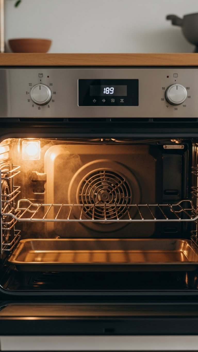 Preheated Oven Interior With Warm Lighting, Clean Baking Rack, And Heating Element Visible, Ready For Cooking With Golden Hour Illumination.
