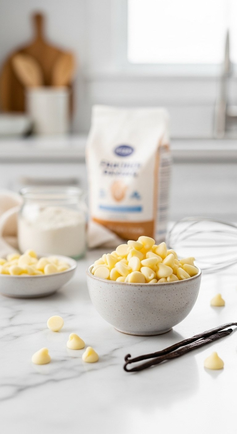 Premium White Chocolate Chips Spilling From A Ceramic Bowl On A White Marble Countertop.