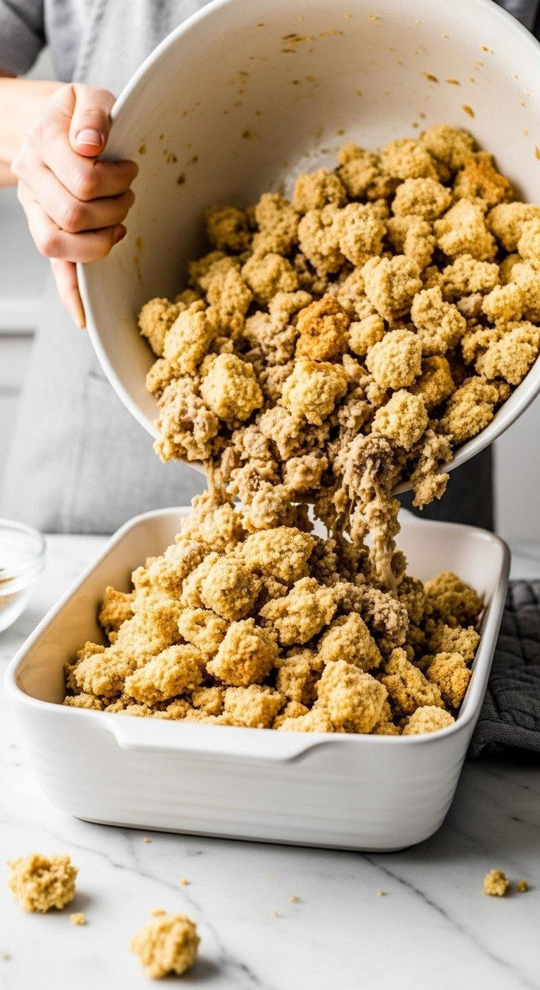 Prepared Chunky Stuffing Mixture Being Transferred From A Bowl Into A White Ceramic 9X13 Inch Baking Dish, Oven-Ready.