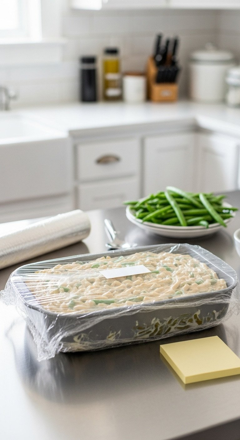 Prepared Green Bean Casserole In Baking Dish, Covered With Plastic Wrap, Ready For Make-Ahead Holiday Meal Prep.
