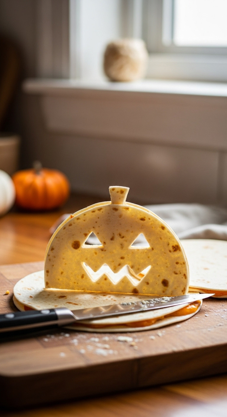 Preparing Halloween Jack-O-Lantern Quesadillas: Flour Tortilla With Carved Face, Whole Tortilla, Sharp Paring Knife On Rustic Wooden Board With Flour.