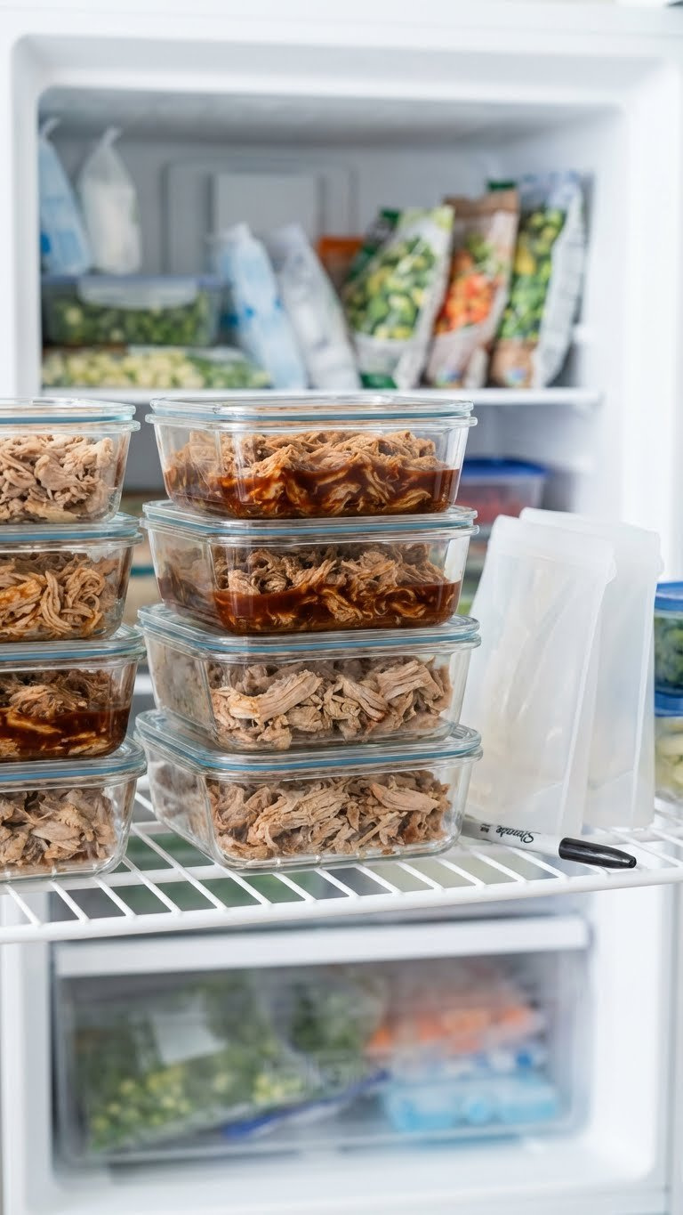 Prepped Instant Pot Pulled Pork In Freezer Containers, Neatly Stacked In An Organized Freezer For Efficient Meal Planning.