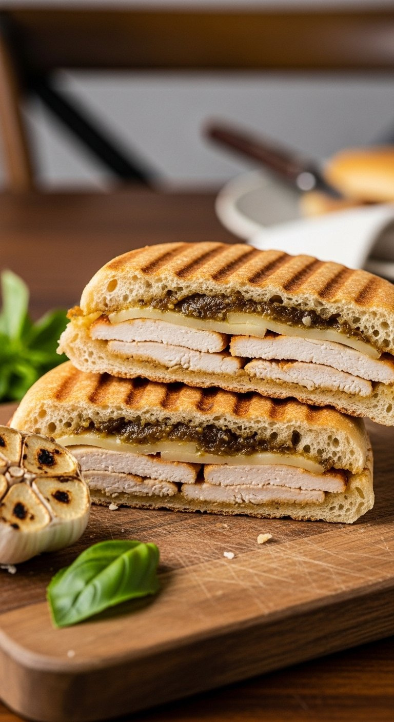 Pressed Chicken Panini With Golden Grill Marks, Roasted Garlic Paste, And Melted Provolone Cheese.