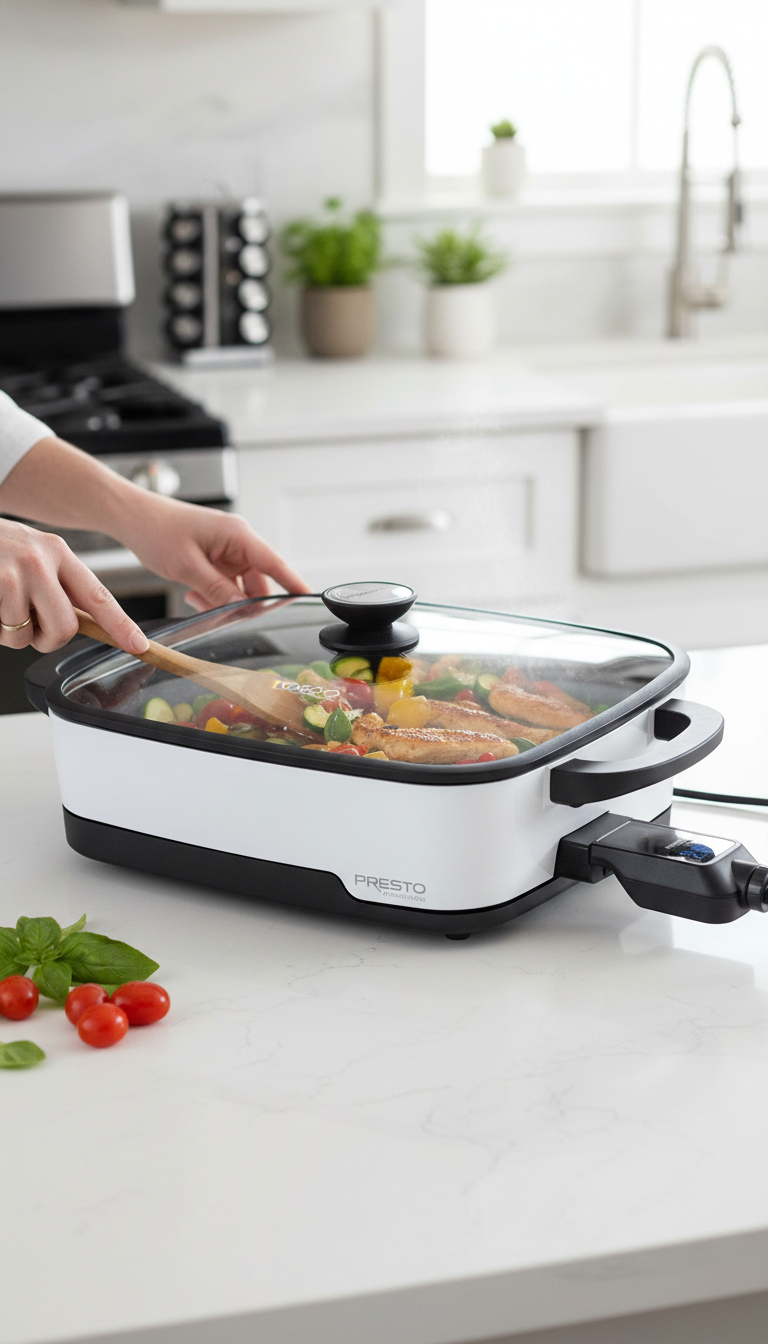 A Presto Digital Precision Skillet On A Kitchen Counter With An Infrared Thermometer Pointed At The Cooking Surface And A Notepad Logging Temperatures.