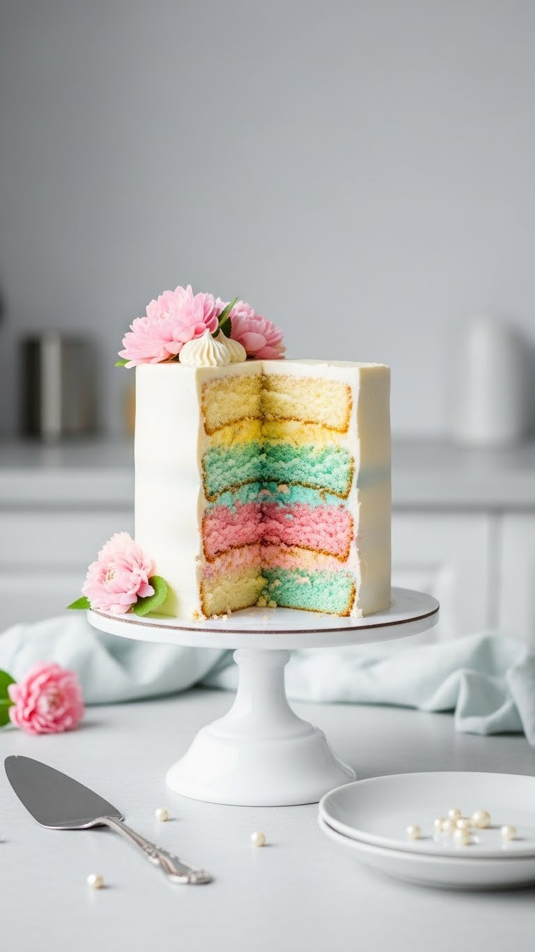 Pretty Pastel Ombre Layer Cake With Pink, Yellow, And Blue Layers Revealed In Sliced Cake On White Cake Stand