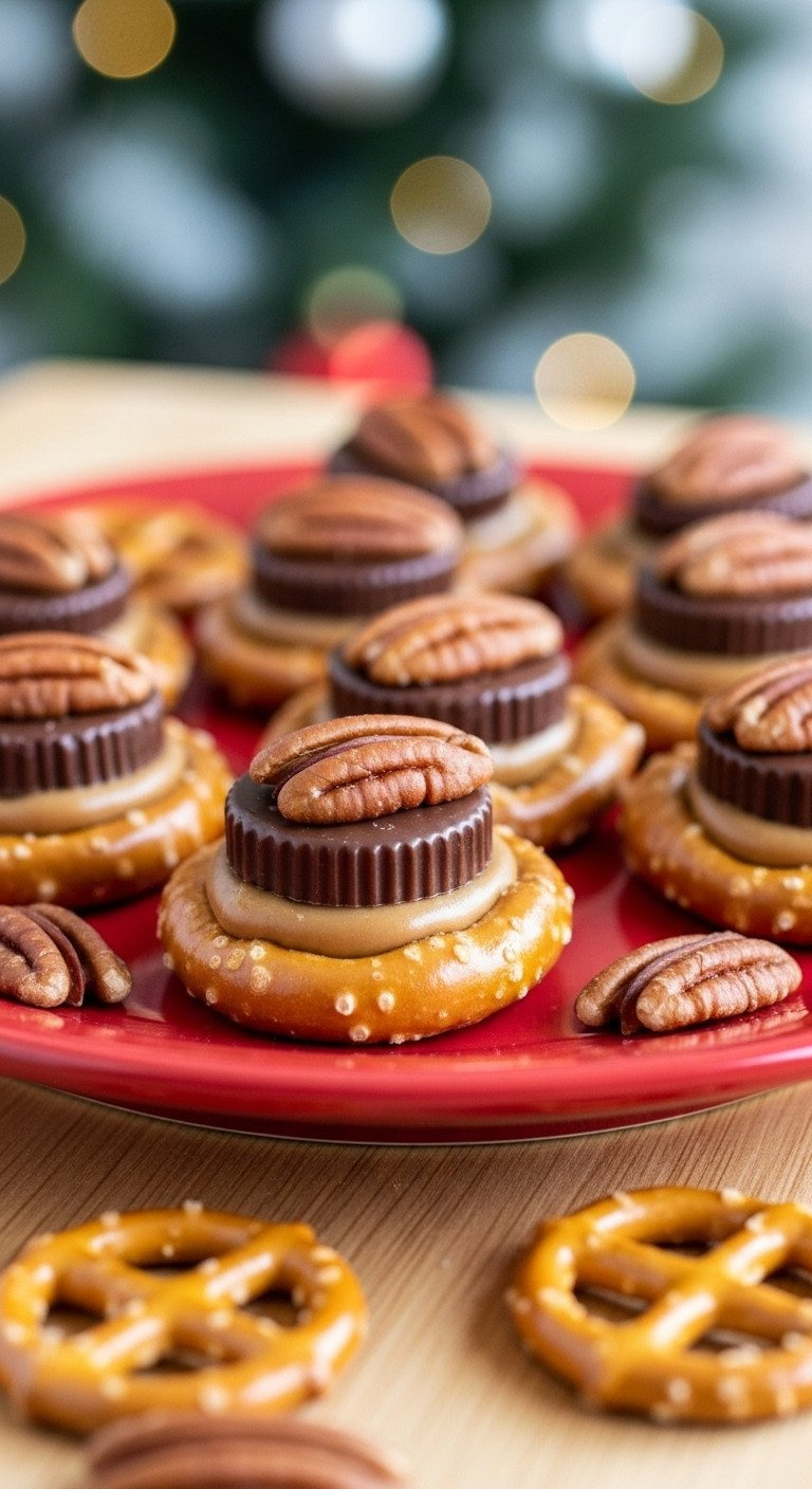 Pretzel &Amp; Rolo 'Turtle' Bites With Melted Caramel, Chocolate, And Pecan, On A Festive Red Plate, Easy Holiday Treat.