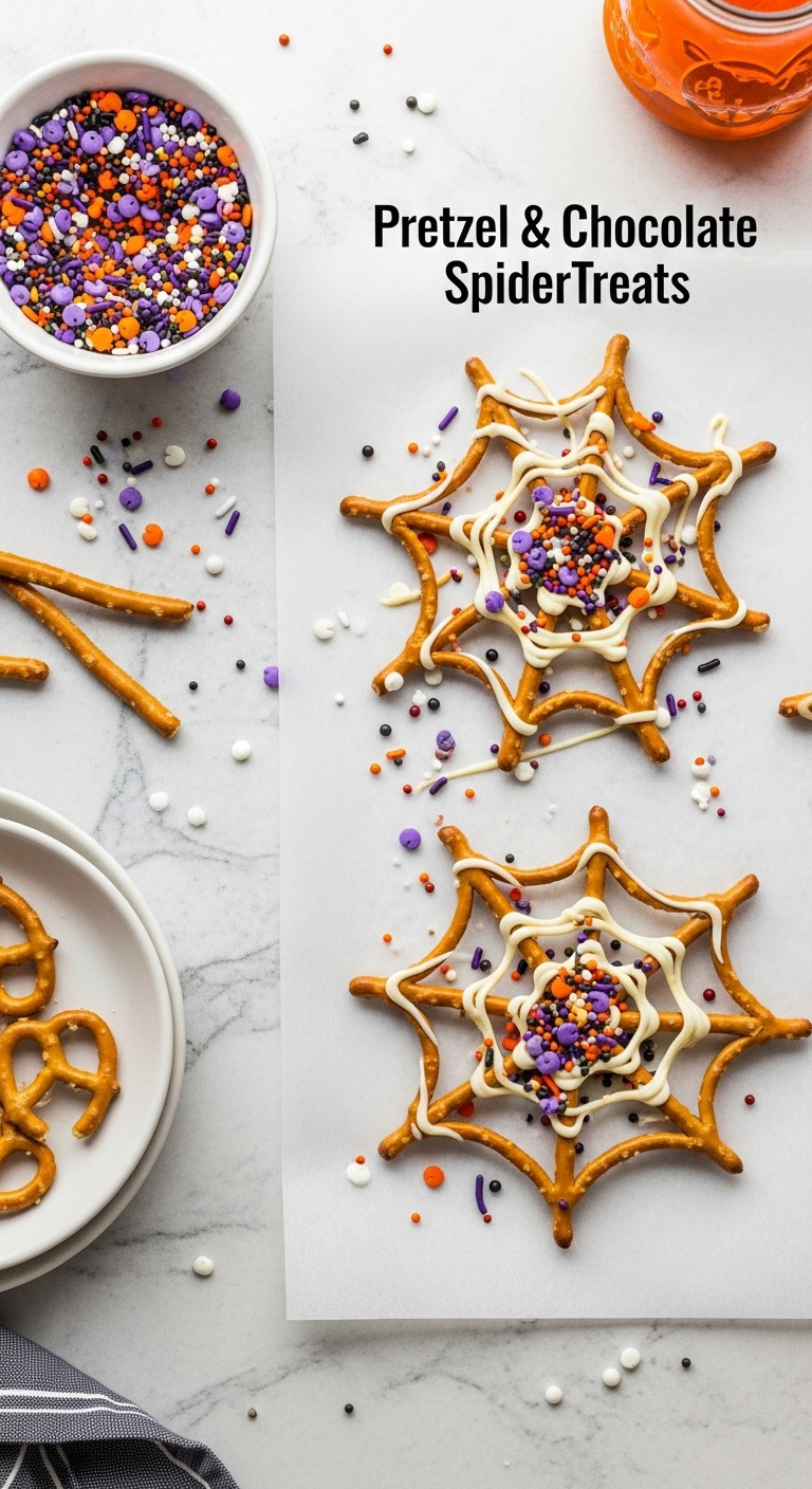 Pretzel And Chocolate Spiderwebs With Halloween Sprinkles On Parchment Paper