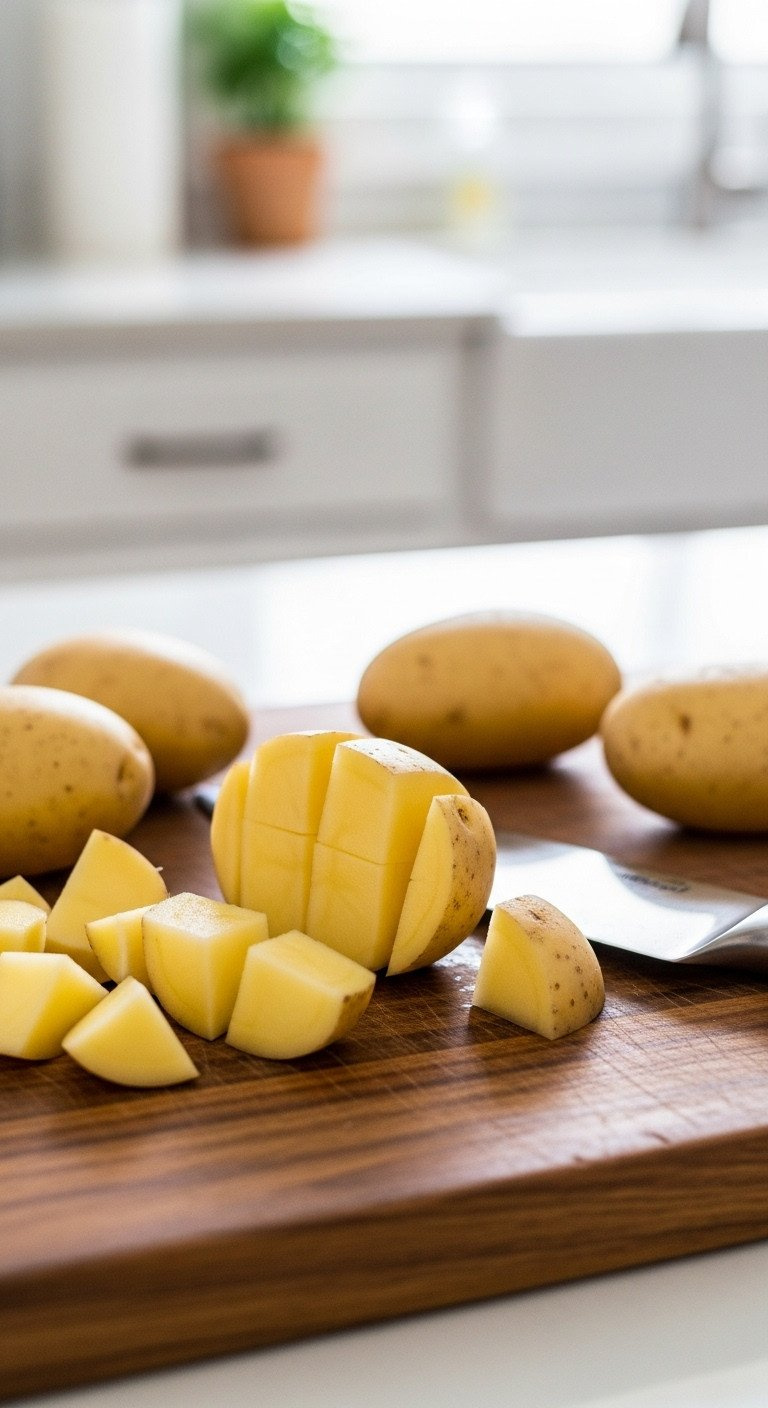 Pristine Yukon Gold Potatoes, Whole &Amp; Uniformly Cut, On A Rustic Wooden Board With A Chef's Knife, Ready For Cooking.