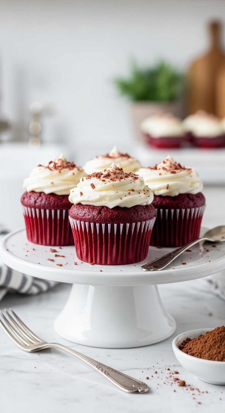 Pristine Classic Red Velvet Cupcakes With Thick Cream Cheese Frosting &Amp; Red Crumbs On White Stand. Cozy, Natural Light Dessert.