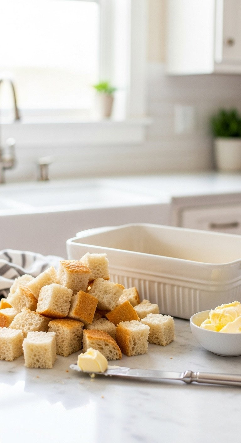 Pristine Kitchen Counter With Perfectly Cubed Sourdough Bread Next To A Buttered White Ceramic Baking Dish, Ready For A Recipe.