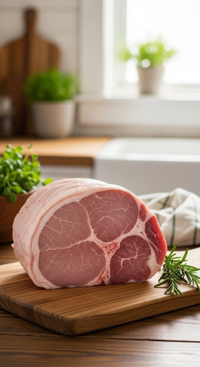 Pristine Raw Bone-In Ham With Fat Cap On Rustic Wooden Cutting Board, Prepped For Cooking With Fresh Rosemary In A Warm, Natural Light Kitchen Setting.