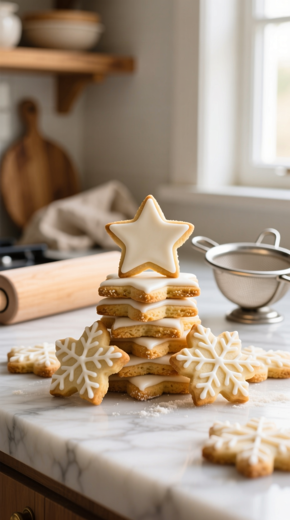 Pristine Stack Of Un-Iced Sugar Cookies, Holiday Shapes (Stars, Snowflakes), On Marble, With Rolling Pin &Amp; Sifter. Perfect For Sharing.