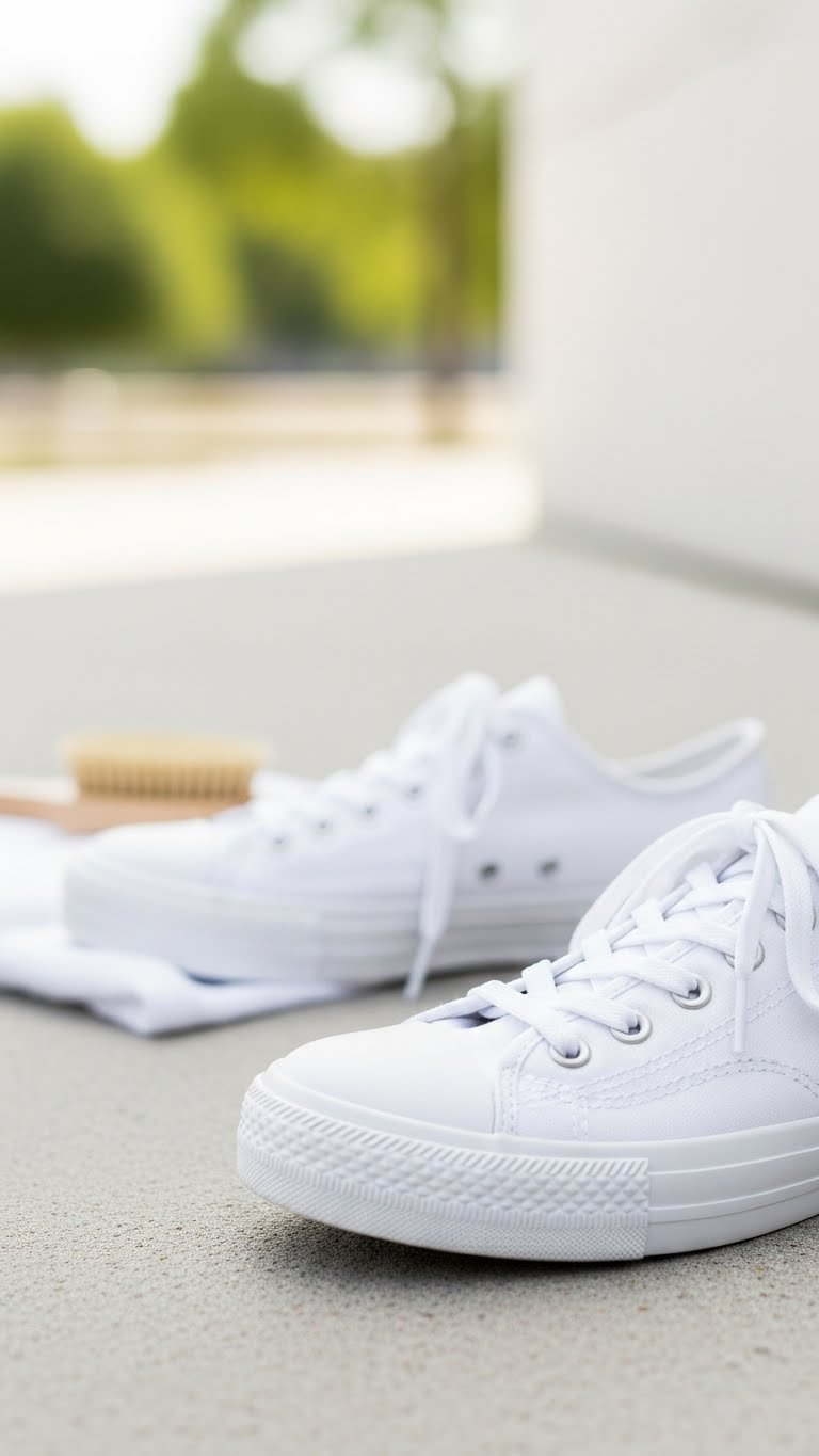 Pristine White Canvas Sneakers With Bright Rubber Soles And Neatly Tied Laces On Textured Concrete Background.