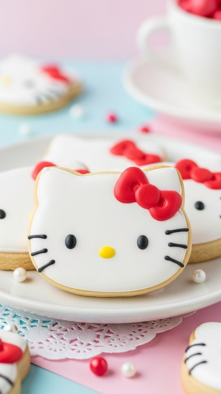 Professional Close-Up Of Hello Kitty Sugar Cookies With White Icing, Yellow Nose, And Black Whiskers On A White Ceramic Plate With Soft Pink Background.