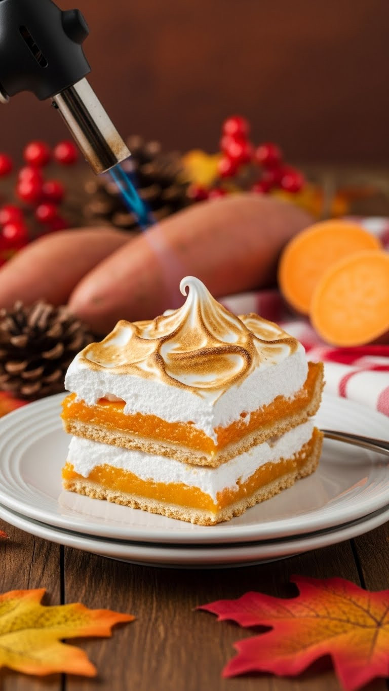Professional Sweet Potato Pie Bar With Toasted Marshmallow Meringue On A Festive Plate