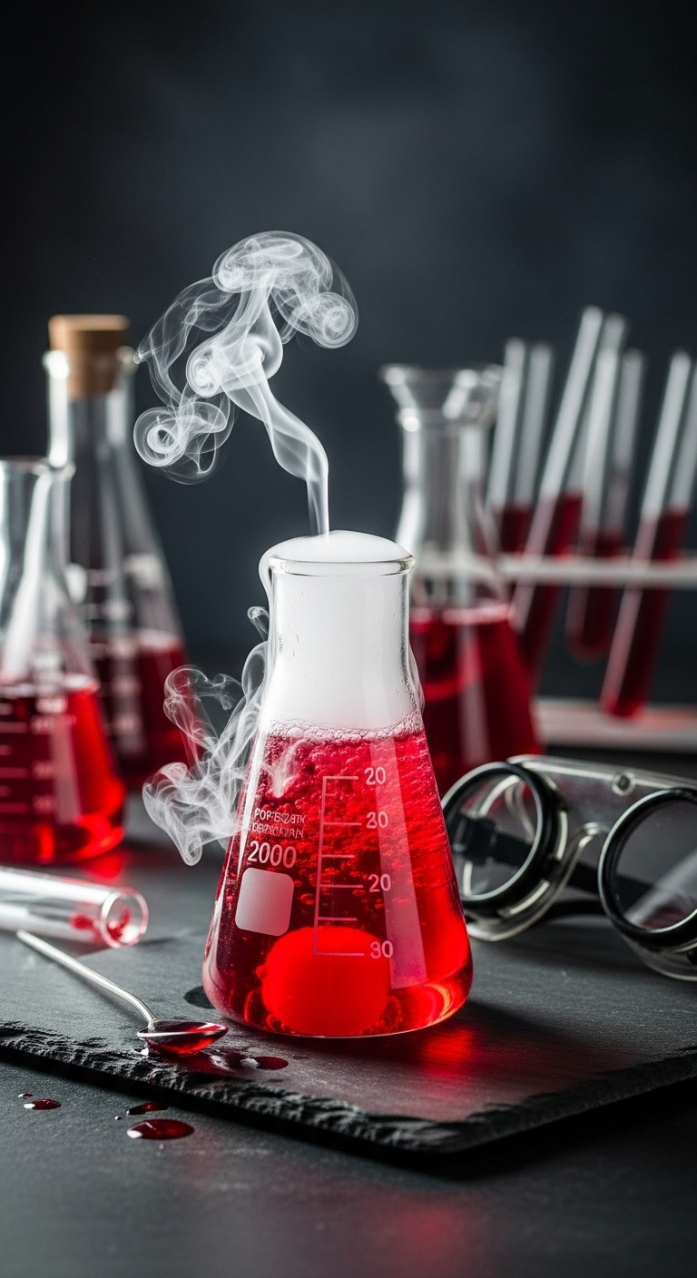 Professor's Poisoned Apple Scotch Cocktail In A Bubbling Beaker With Dry Ice Smoke On A Lab Table