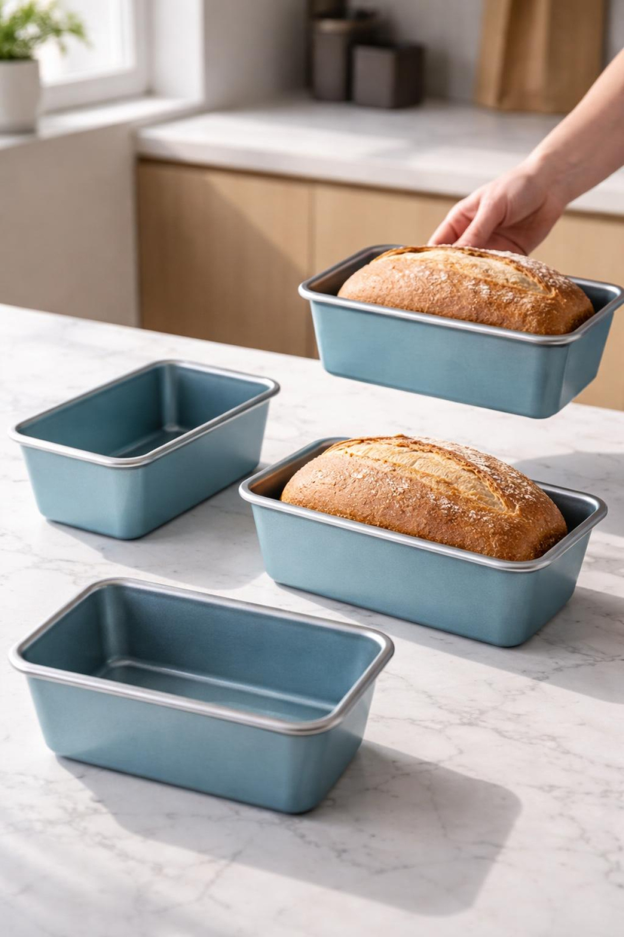 A Photo Showing The Three Proigtz Pans Side-By-Side, One With A Freshly Baked Loaf Of Bread Next To It.