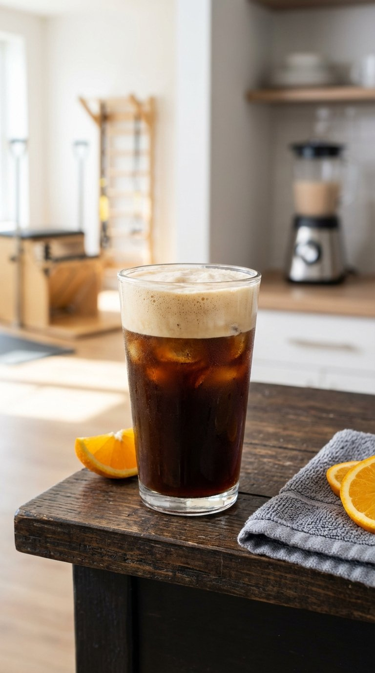 Protein-Boosted Cold Brew Coffee With Dark Brew And Creamy Protein Foam On Textured Wooden Surface