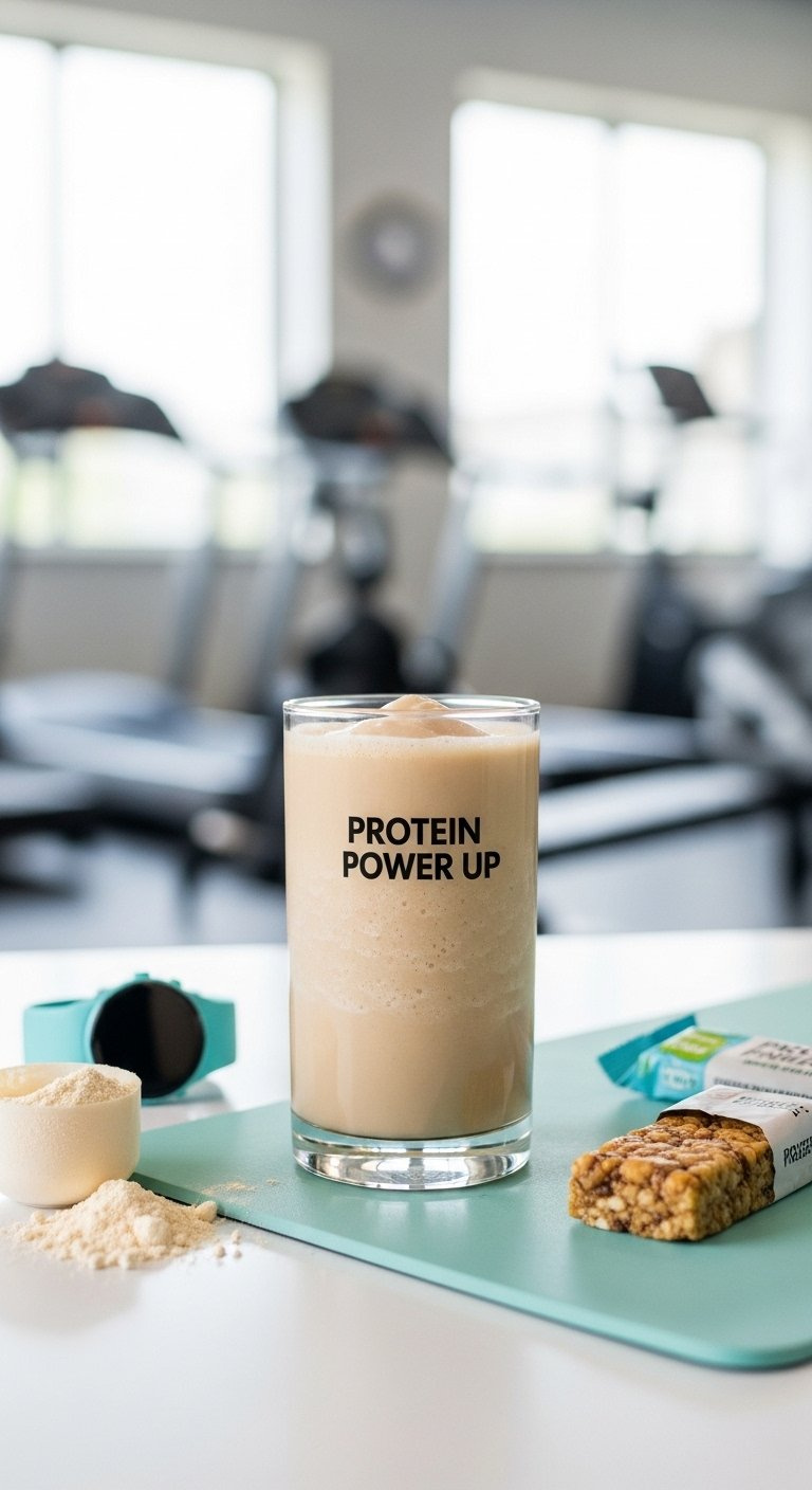 Protein Frozen Coffee In A Sleek Glass With A Frothy Top On A Fitness Mat With Healthy Accessories.