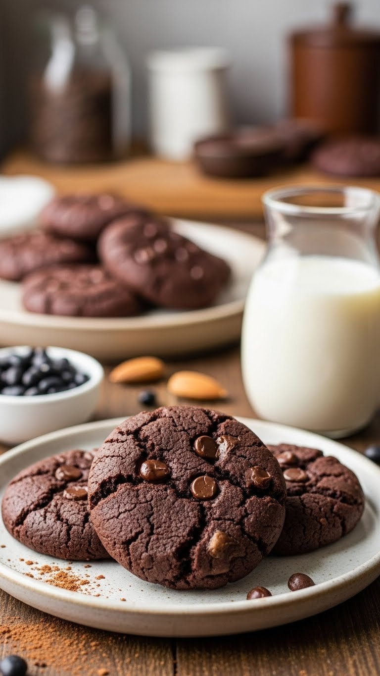 Protein-Packed Black Bean Chocolate Cookies With Crinkled Tops And Melted Chocolate Chips On Ceramic Plate