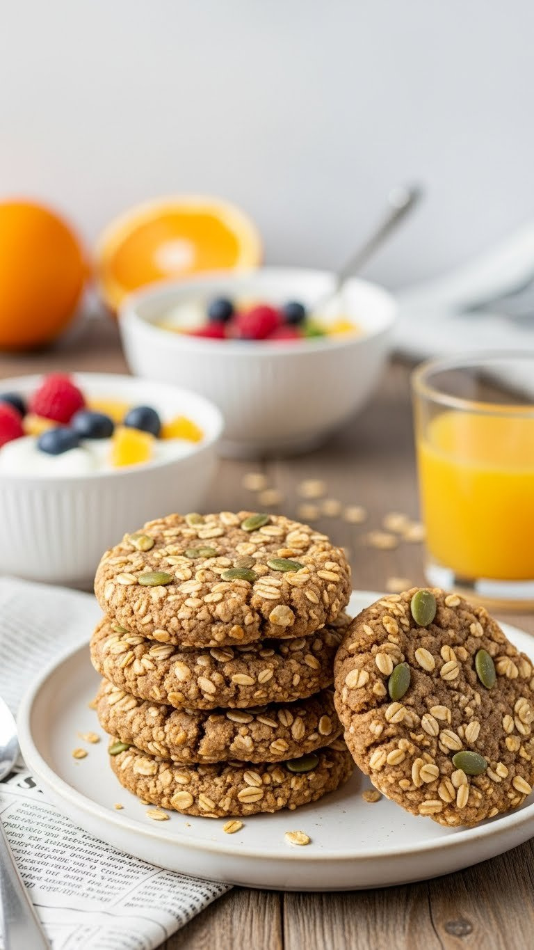 Protein-Packed Breakfast Cookies With Visible Oats And Seeds Stacked On Ceramic Breakfast Plate