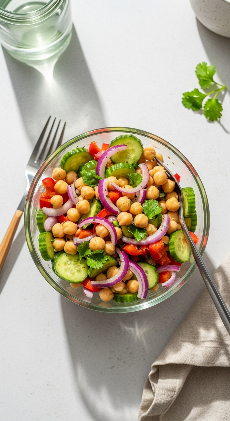 Protein-Packed Cucumber Chickpea Salad With Bell Pepper And Red Onion In A Glass Bowl With Natural Sunlight