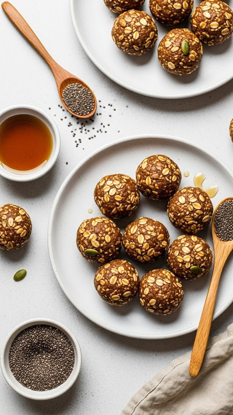 Protein-Rich Seed Butter Energy Bites With Rolled Oats Texture Arranged On White Ceramic Plate In Soft Natural Light.