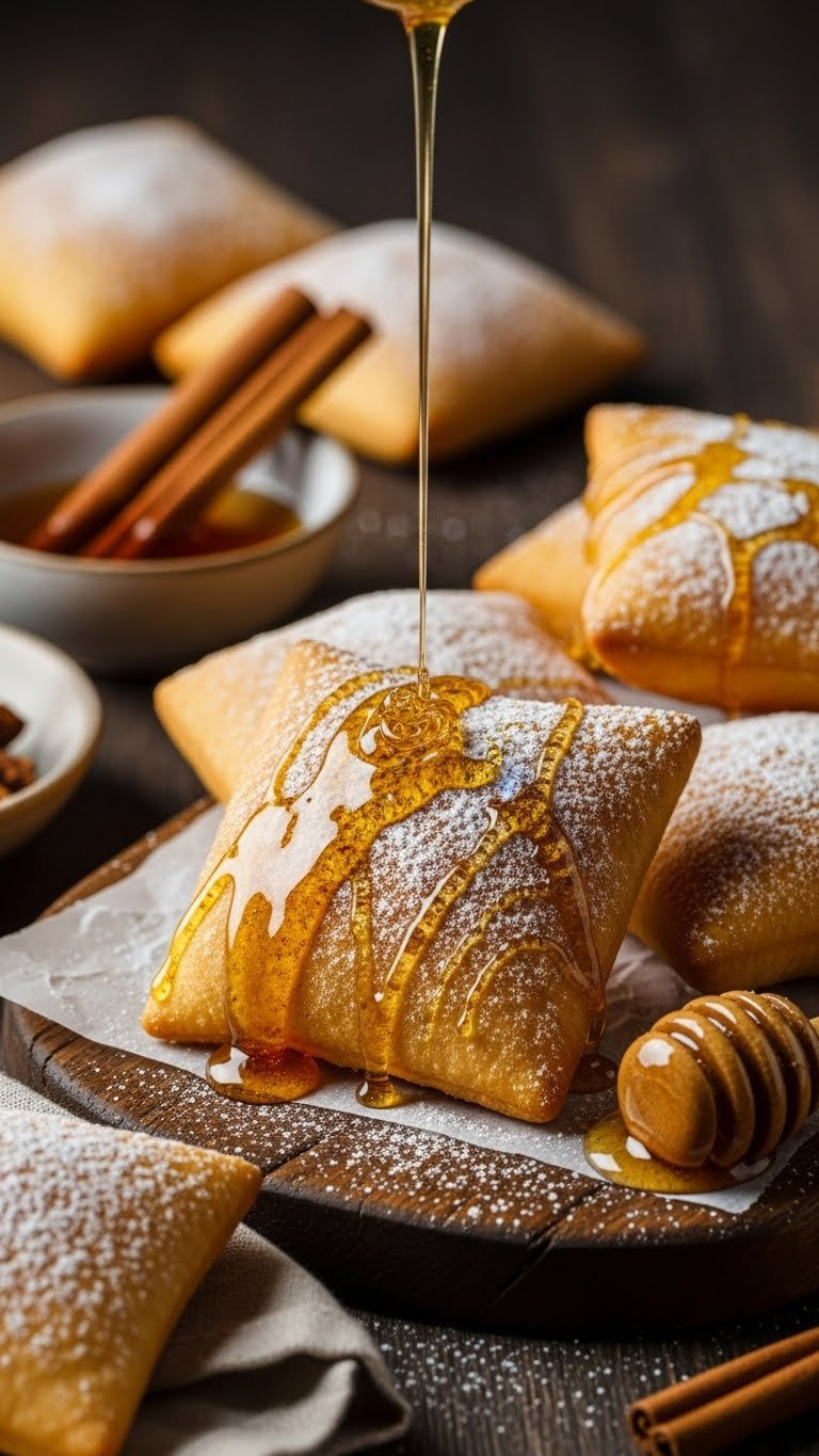 Puffy Cinnamon Sopapillas, Dusted With Sugar And Cinnamon, Drizzled With Golden Honey On A Rustic Wooden Board.
