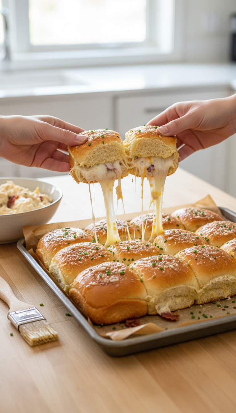 Pull-Apart Slider Buns With Melted Butter Glaze Revealing Stringy Cheese And Creamy Chicken Filling On A Baking Sheet.