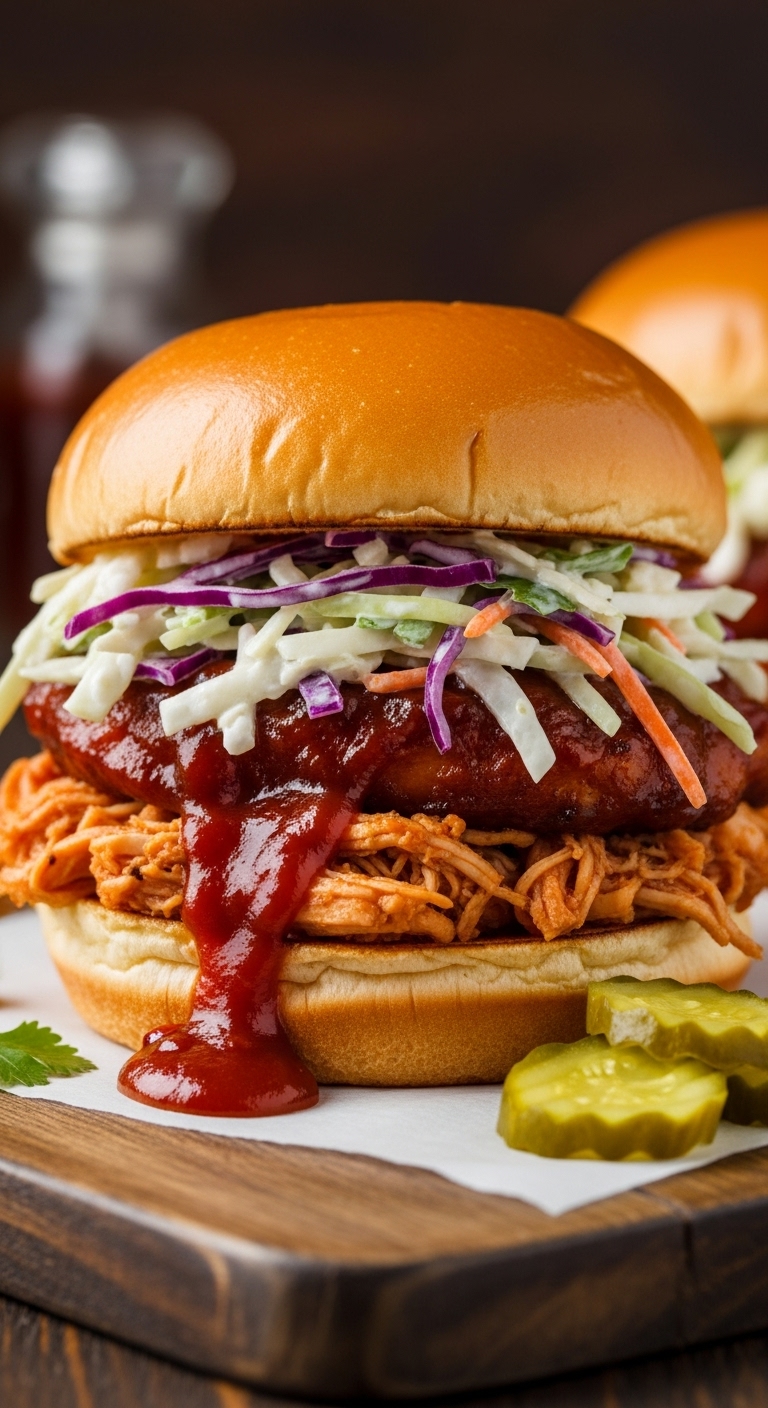 Pulled Bbq Chicken Sandwich With Creamy Coleslaw On A Brioche Bun With Pickles On A Wooden Board