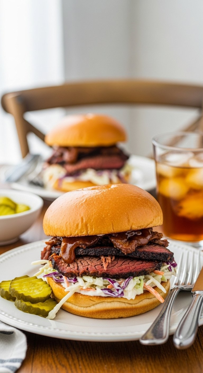 Pulled Beef Brisket Sandwich Piled High On Brioche Bun With Creamy Coleslaw.