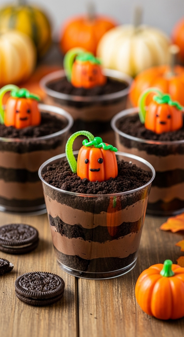 Pumpkin Patch Dirt Pudding Cups Dessert Recipe Fall Autumn Golden Hour Rustic Food Photography