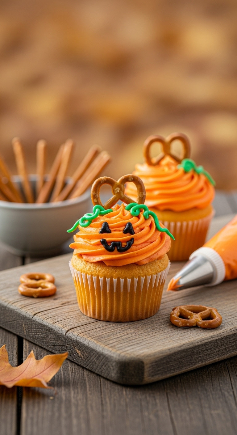 Pumpkin Patch Jack-O'-Lantern Cupcake On A Wooden Board With Pretzel Sticks And Orange Frosting In Golden Hour Light
