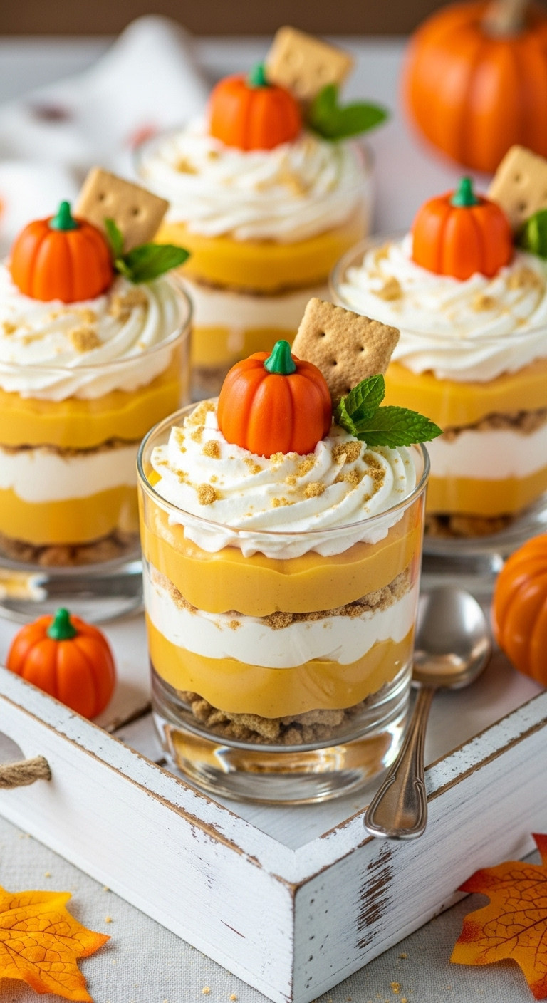 Pumpkin Patch Pudding Parfaits: Orange Pumpkin Pudding, White Whipped Topping, Graham Crackers, Candy Pumpkin, Mint Sprig. Perfect Fall Dessert.